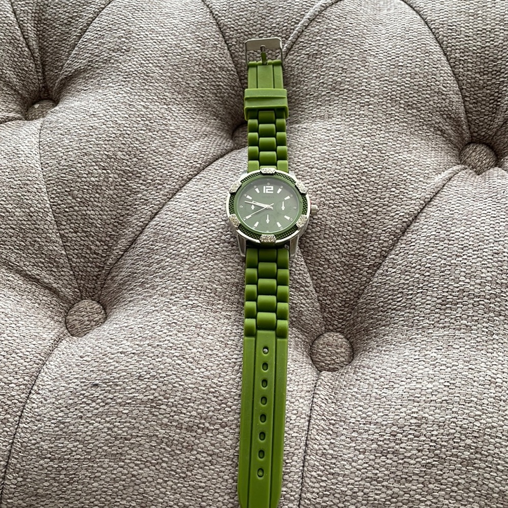 New Geneva women’s jeweled face watch with green silicone band